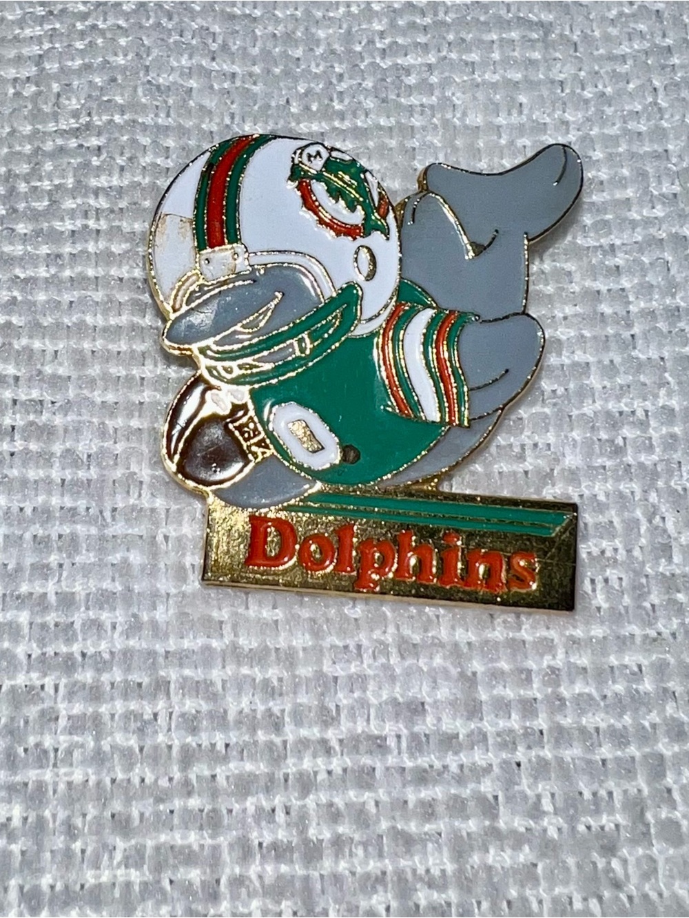 Vintage 1980s Miami Dolphins NFL Huddles Peter David Enamel Pin - Displayed Only